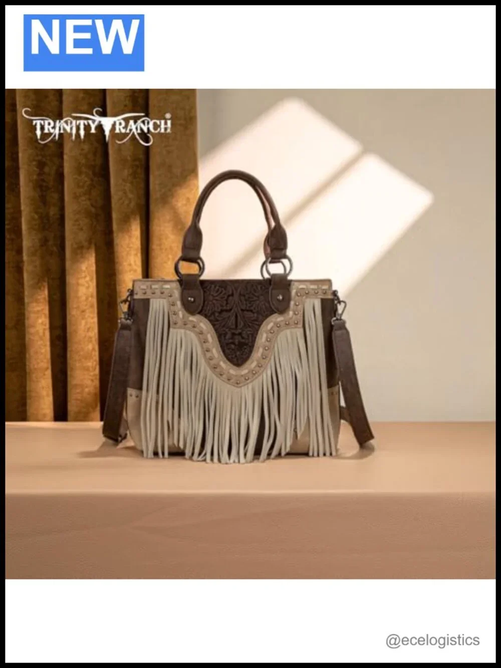 Genuine Leather Floral Tooled Western Fringe Crossbody Tote Bag